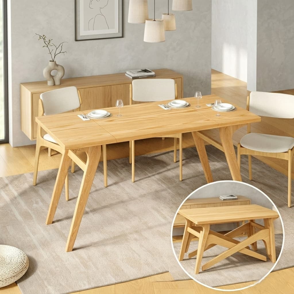 Aukfa 59.5" Rectangle Lift Top Expandable Dining Table, 2-in-1 Solid Wood Coffee Table, Convertible Table for Small Spaces,