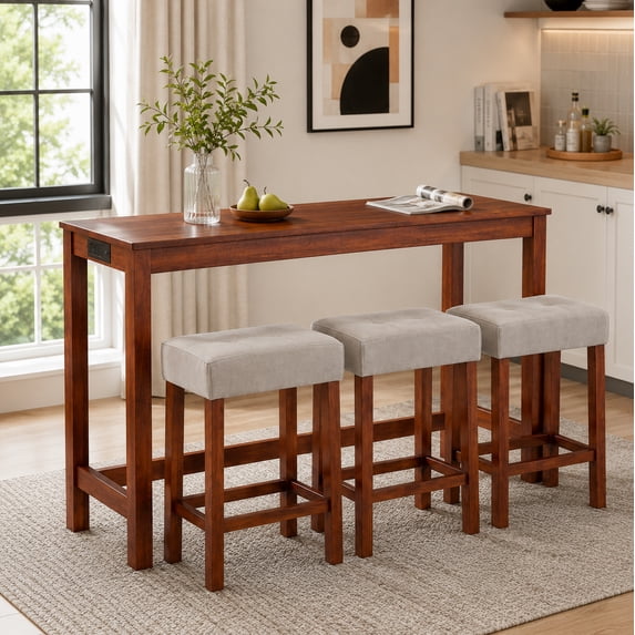 Aukfa 59" Bar Table Set with Charging Station, 4-Piece Counter Height Kitchen Island Set,3 Upholstered Stools,Cherry