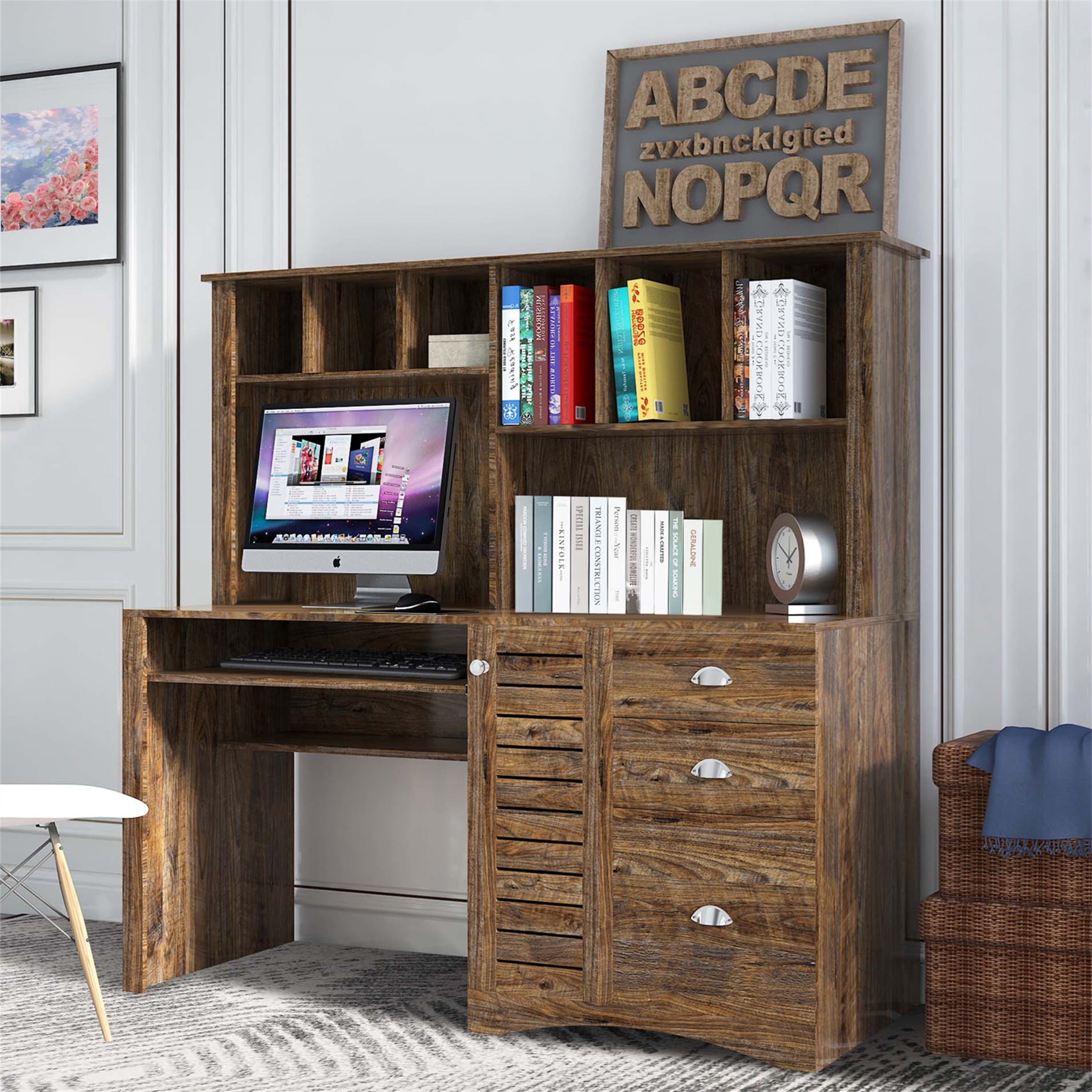 Aukfa 59" Computer Desk with Hutch for Home Office, 3 Drawers, Keyboard Tray, Brown