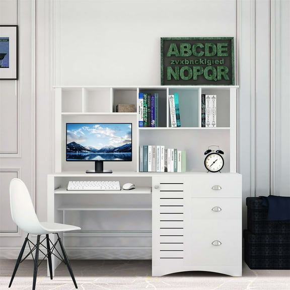 Aukfa 59" Computer Desk with Hutch for Home Office, 3 Drawers, Keyboard Tray, White
