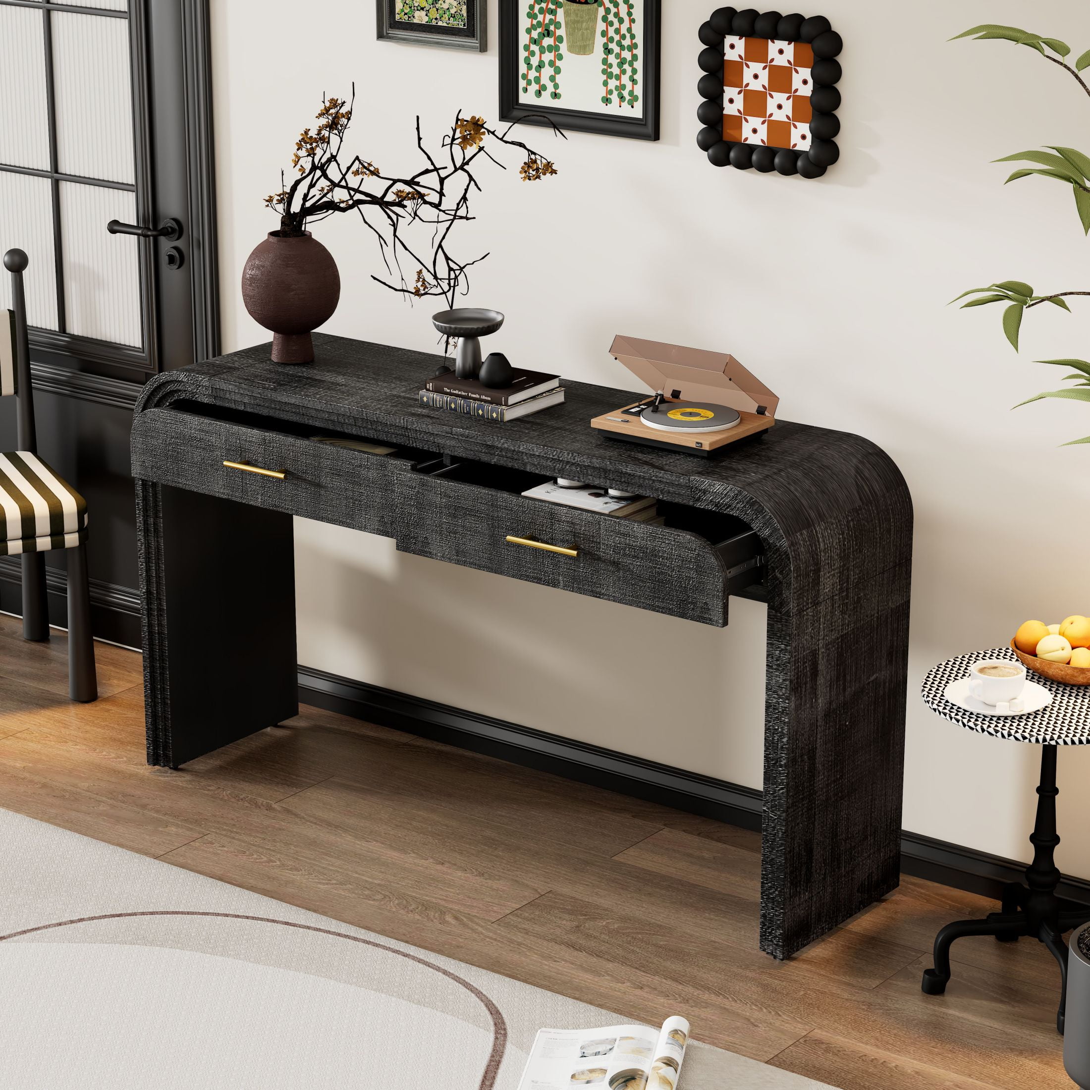 Aukfa 59" Console Table with 2 Drawers, Retro Entryway Table with Storage, Narrow Long Sofa Table for Living Room, Hallway, Foyer - Antique Black