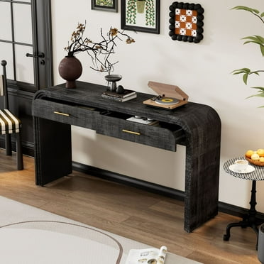 Aukfa 59" Console Table with 2 Drawers, Retro Entryway Table with Storage, Narrow Long Sofa Table for Living Room, Hallway, Foyer - Antique Black