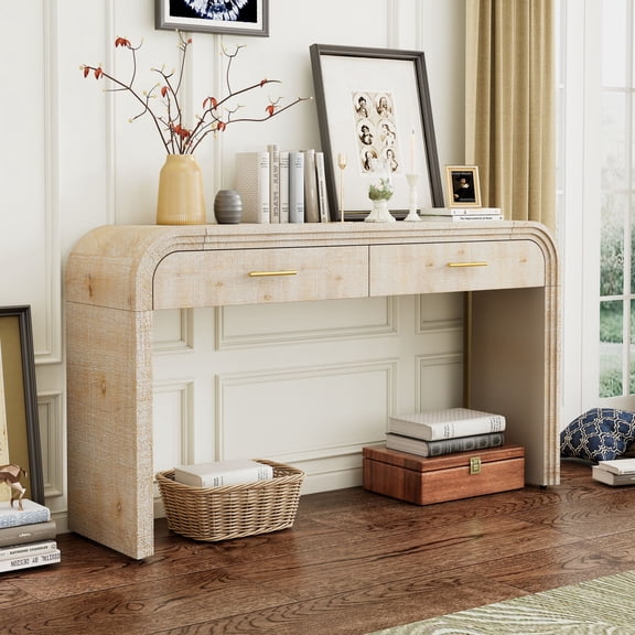 Aukfa 59" Console Table with 2 Drawers, Retro Entryway Table with Storage, Narrow Long Sofa Table for Living Room, Hallway, Foyer - Antique White