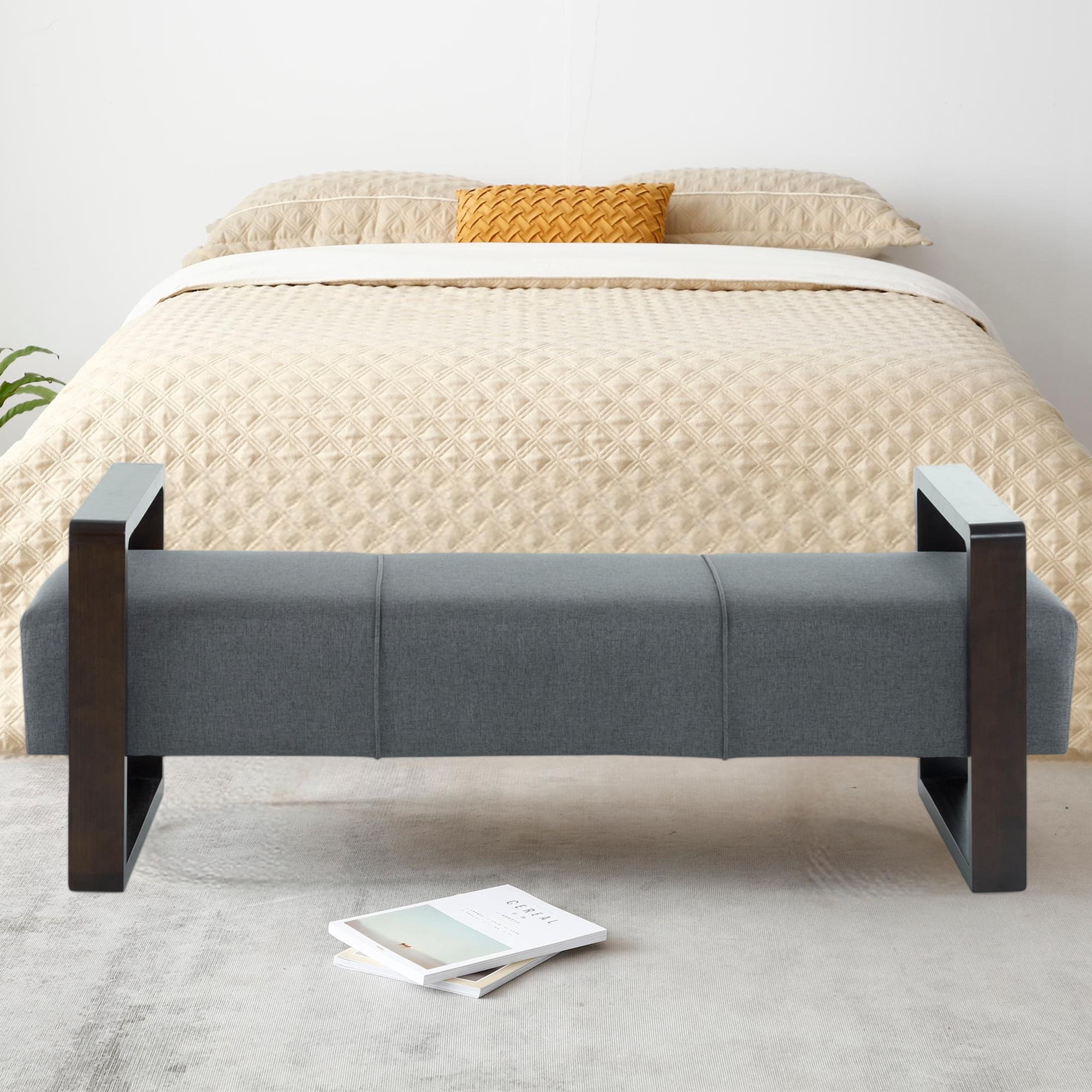 Aukfa 59" End of Bed Bench for Bedroom, Entryway, Wood Legs, Hollowed-out Arm, Gray