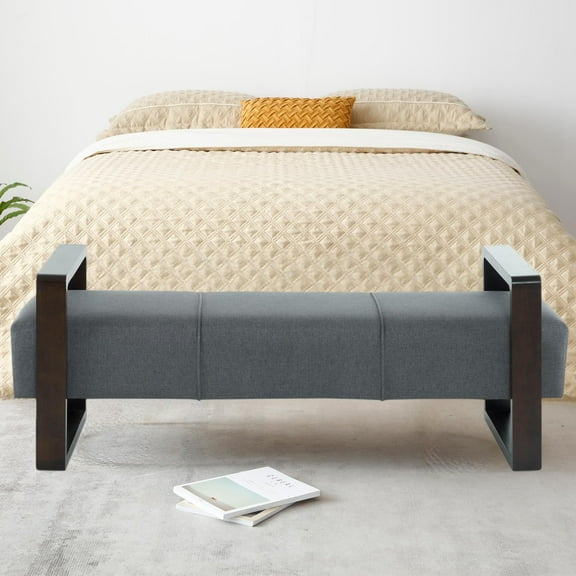 Aukfa 59" End of Bed Bench for Bedroom, Entryway, Wood Legs, Hollowed-out Arm, Gray