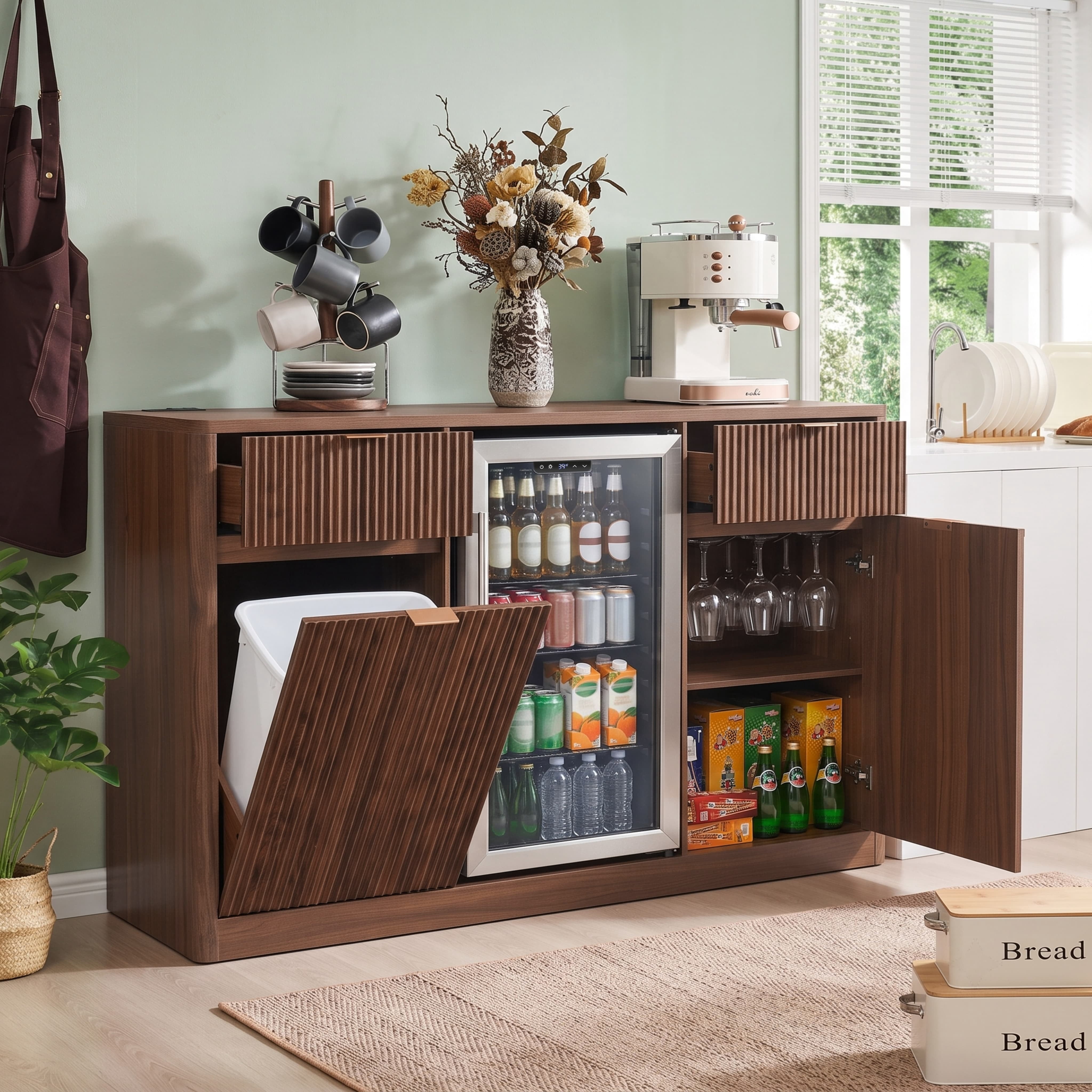 Aukfa 59" Fluted Bar Cabinet with Fridge Space, Tilt Out Trash Can Cabinet,Charging Station & Wine Glass Rack,Walnut