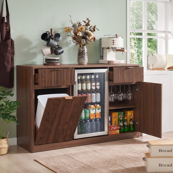 Aukfa 59" Fluted Bar Cabinet with Fridge Space, Tilt Out Trash Can Cabinet,Charging Station & Wine Glass Rack,Walnut