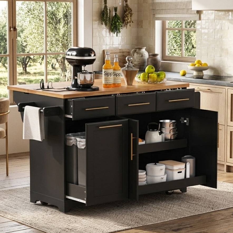 Aukfa 59" Kitchen Island with Power Outlet & Trash Cabinet, Rolling Kitchen Cart, Pull Out Organizers & Drop Leaf,Black
