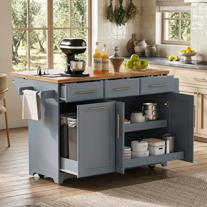 Aukfa 59" Kitchen Island with Power Outlet & Trash Cabinet, Rolling Kitchen Cart, Pull Out Organizers & Drop Leaf,Gray