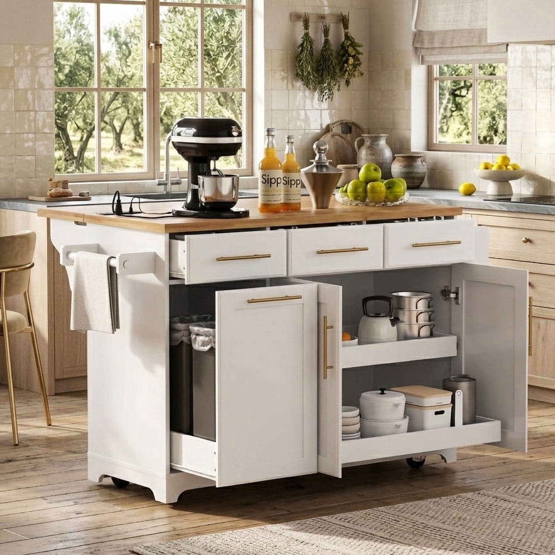 Aukfa 59" Kitchen Island with Power Outlet & Trash Cabinet, Rolling Kitchen Cart, Pull Out Organizers & Drop Leaf,White