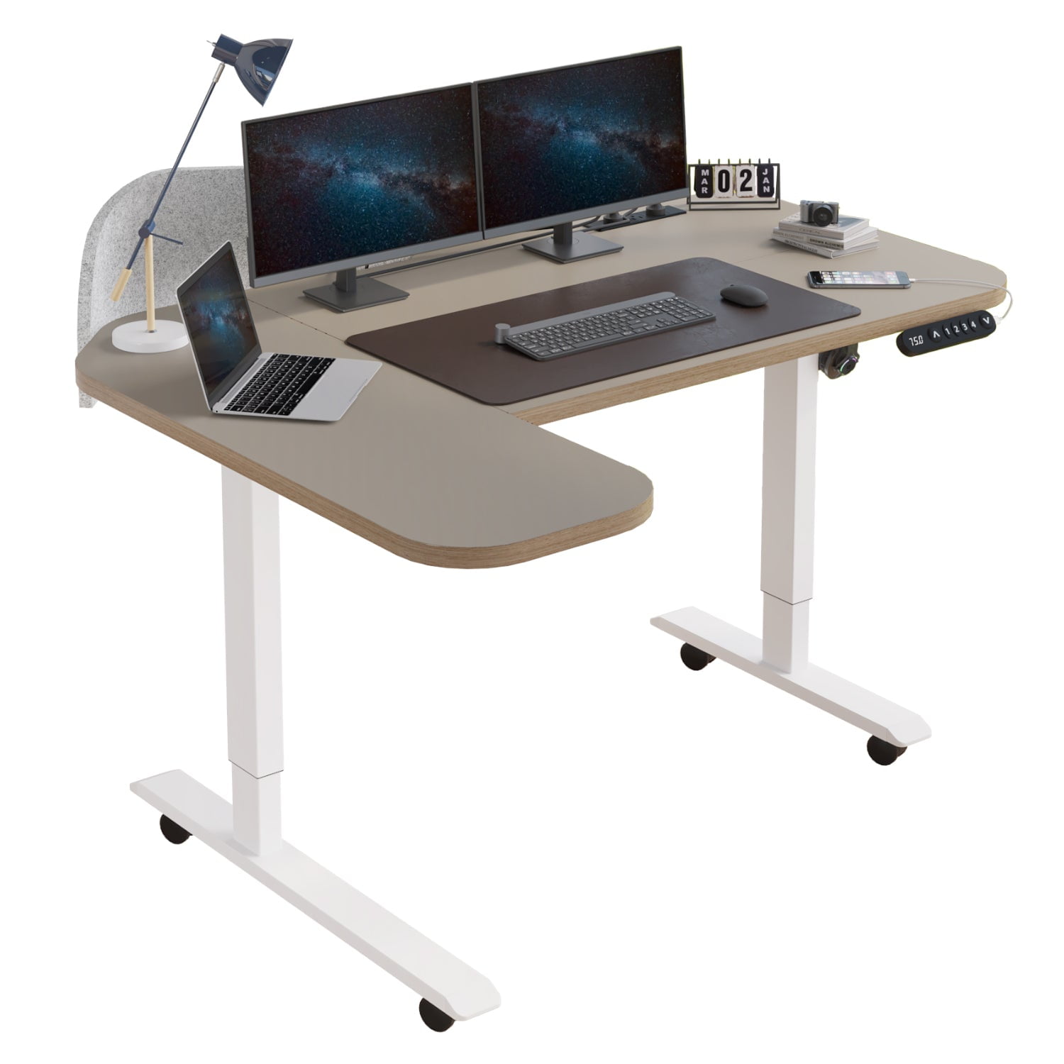 Aukfa 59" L-Shaped Electric Standing Desk,Height Adjustable Sit Stand Desk with Power Strip,Privacy Screen & Memory Controller,Khaki