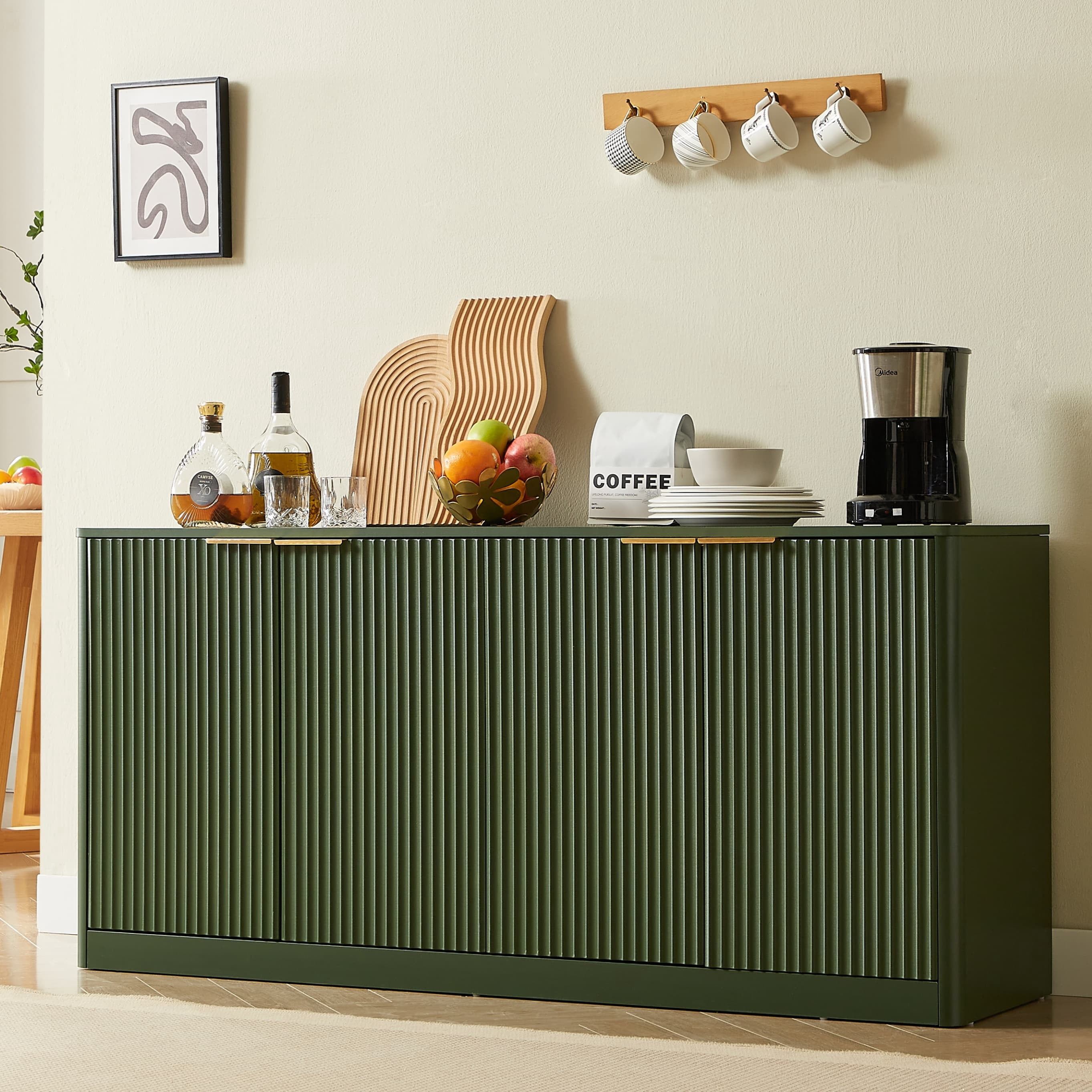 Aukfa 59" Modern Sideboard Cabinet, Wood Storage Credenza & TV Cabinet with 6 Fluted Doors for Living Room/Dining Room,Green