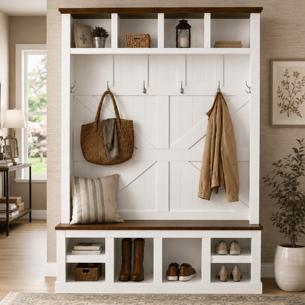 Aukfa 59" W Farmhouse Hall Tree, Large Entryway Storage Unit with Bench, 5 Hooks and Shoe Storage, White
