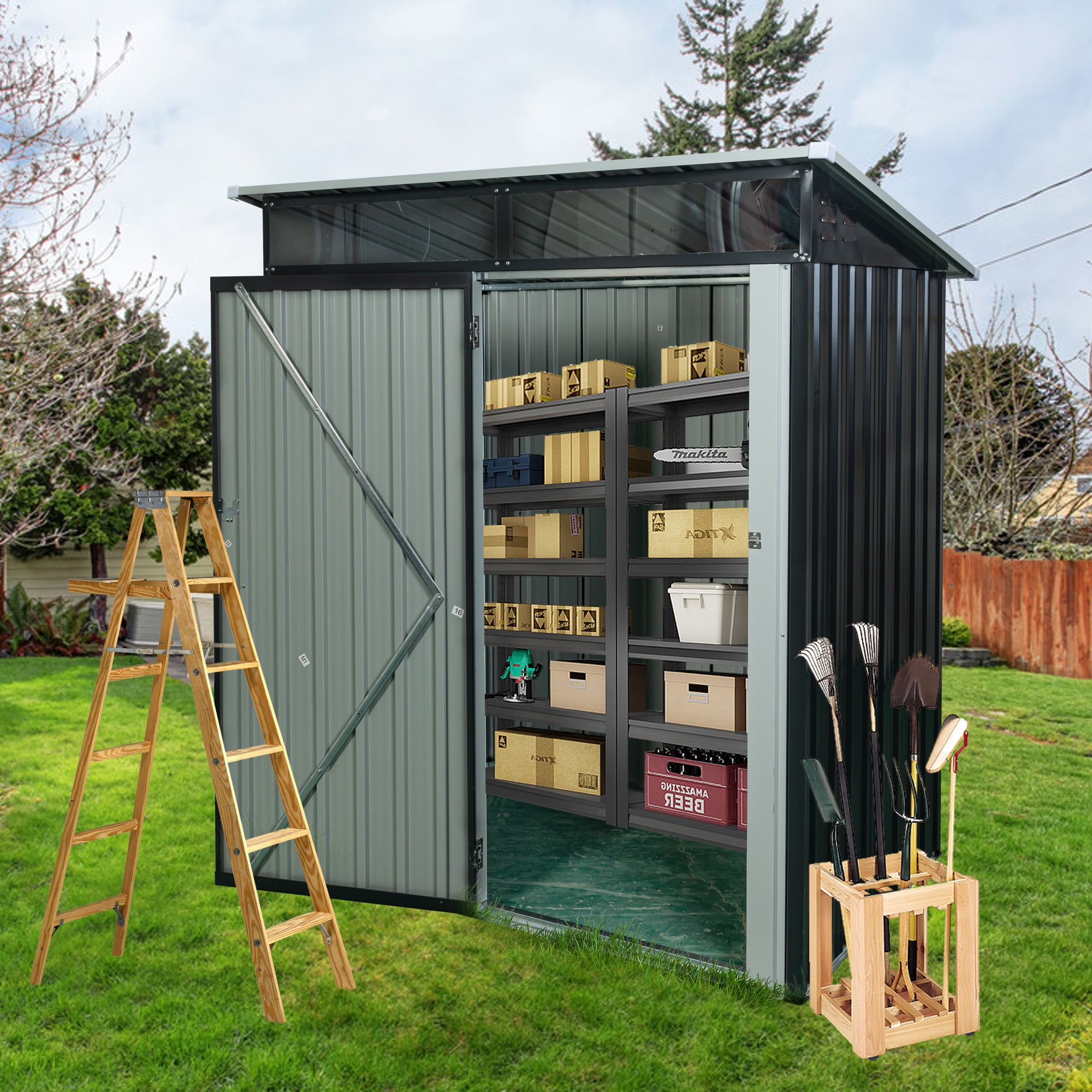 Aukfa 5x3 FT Metal Outdoor Garden Storage Shed,Waterproof Metal Garden Shedsw/ Lockable Doors for Garden,Backyard,Black