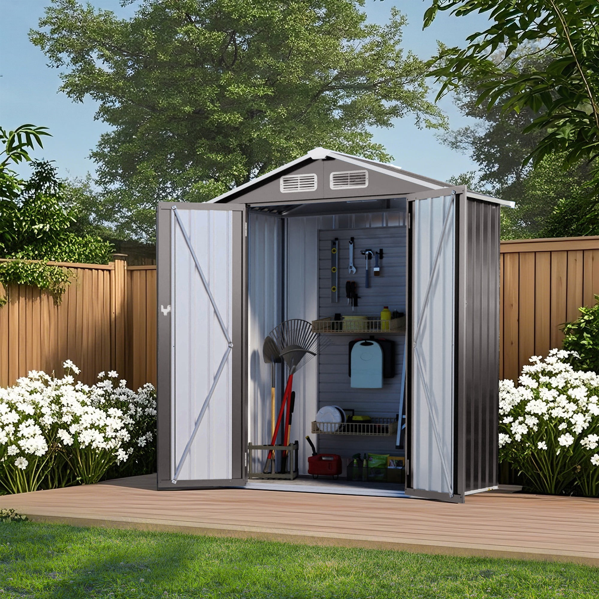Aukfa 5x3 FT Metal Outdoor Storage Shed with Lockable Door, Waterproof Garden Tool Shed with Peaked Roof, Compact Metal Shed for Backyard, Patio, Bike & Tool Storage, Gray