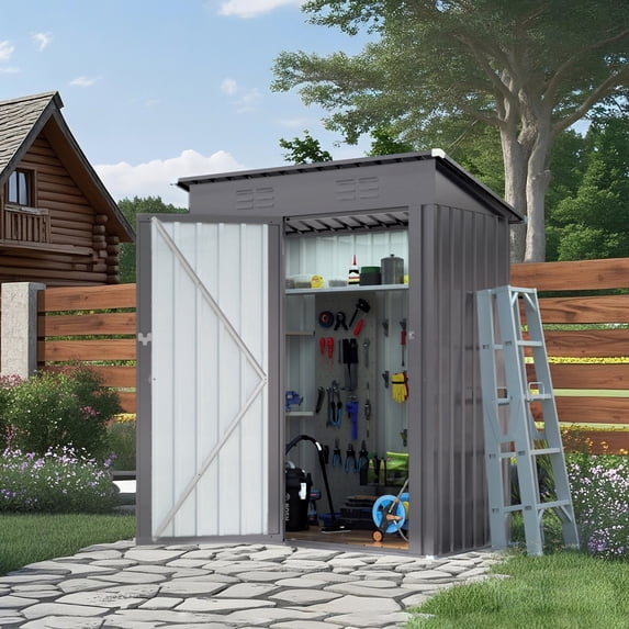 Aukfa 5x3 FT Outdoor Metal Storage Shed with Lockable Door, Compact Tool Shed with Sloped Roof for Garden, Backyard, Patio, Bike & Equipment Storage, Gray