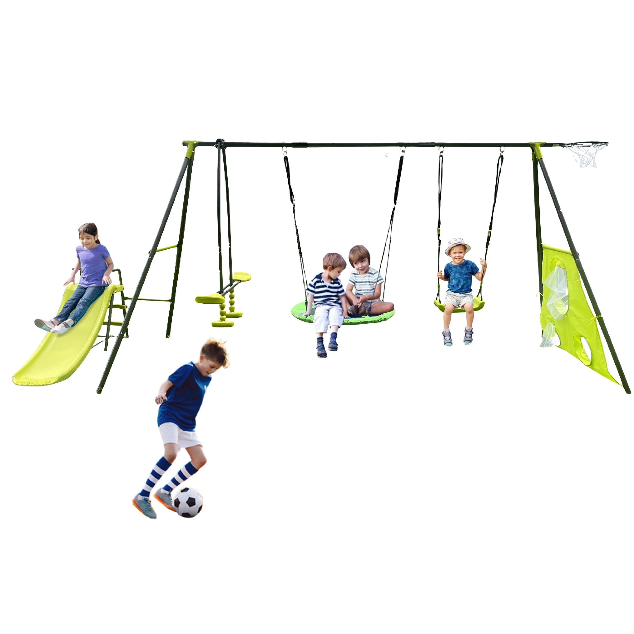 Aukfa 6 in 1 Outdoor Swing Set for Kids, 450Lbs Heavy-Duty Metal Frame with Glide Ride, Slide, Belt Swing, Disc Swing, Basketball Hoop and Soccer Goals for Backyard Playground, Green
