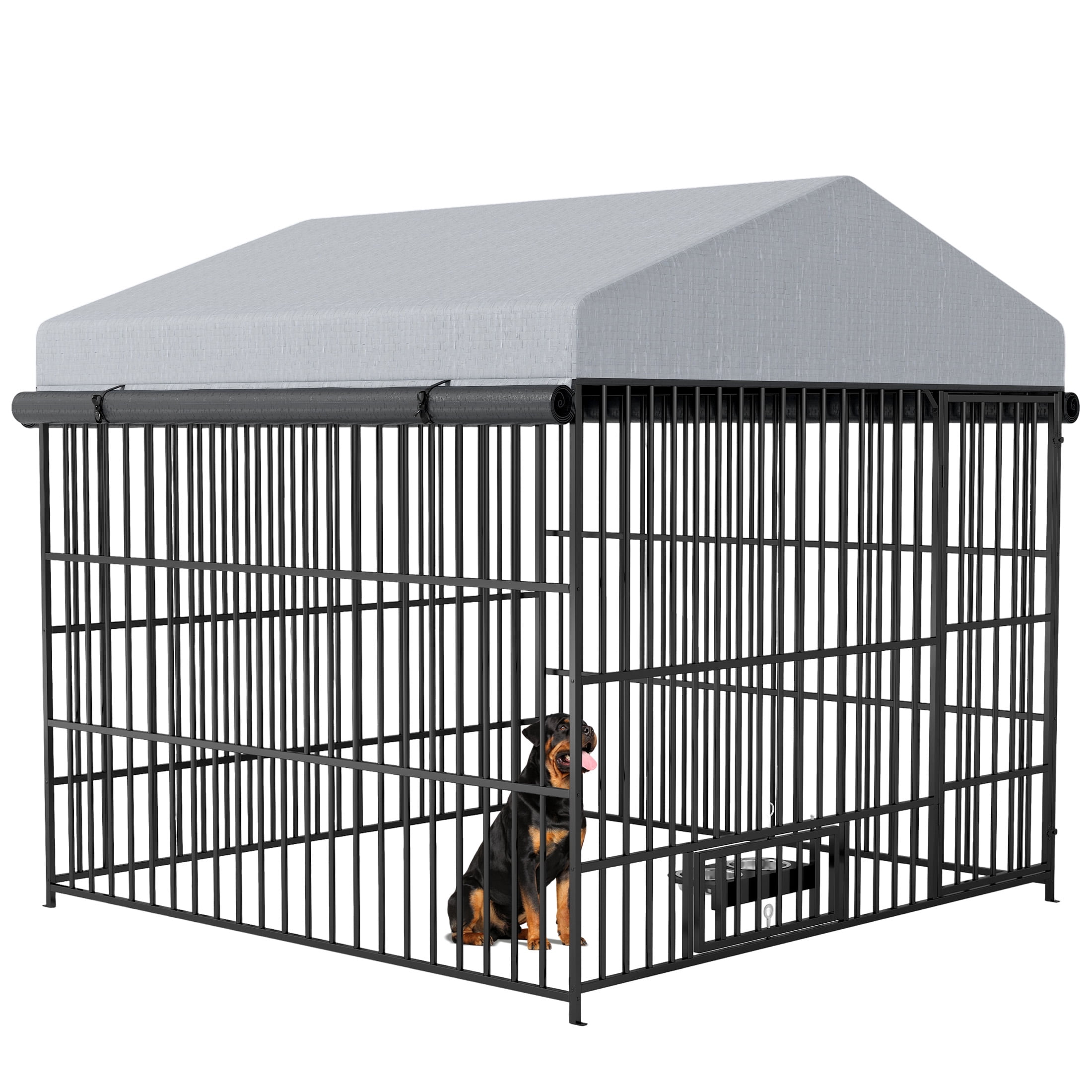 Aukfa 6.6'L x 6.6'W Metal Large Dog Kennel, Outdoor Pet Pens Animal Run Coop Fence with Roof Cover