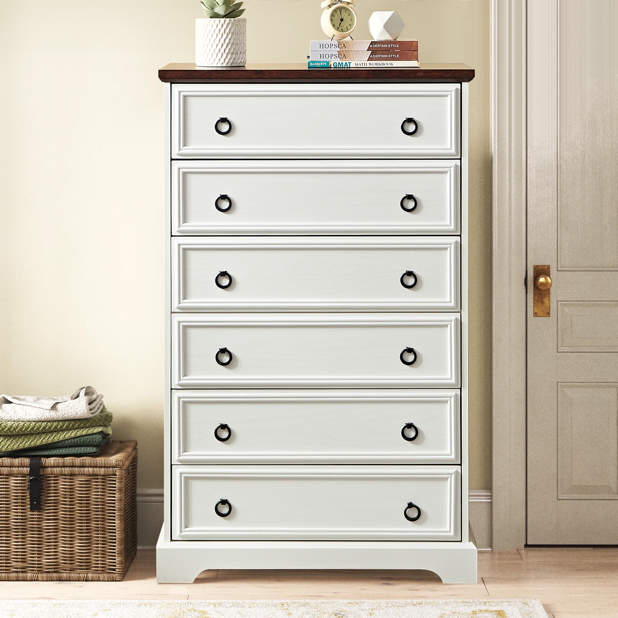 Aukfa 6-Drawer Dresser Chest Tall Drawers Wood Cabinet for Bedroom, White
