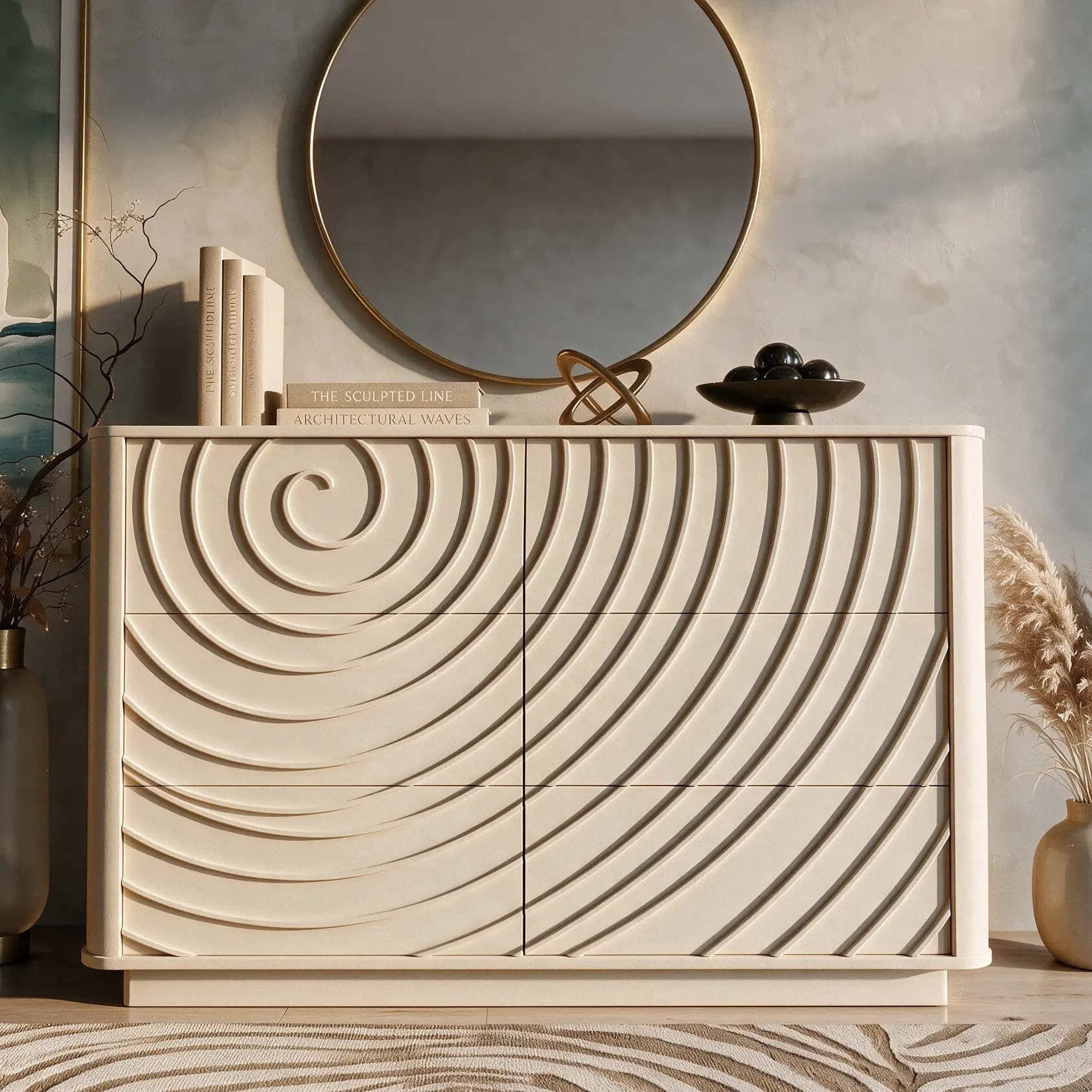 Aukfa 6 Drawer Dresser with 3D Wave Front Design, Modern Wood Double Dresser, Wide Chest of Drawers with Anti-Tip Kit for Bedroom,Off White