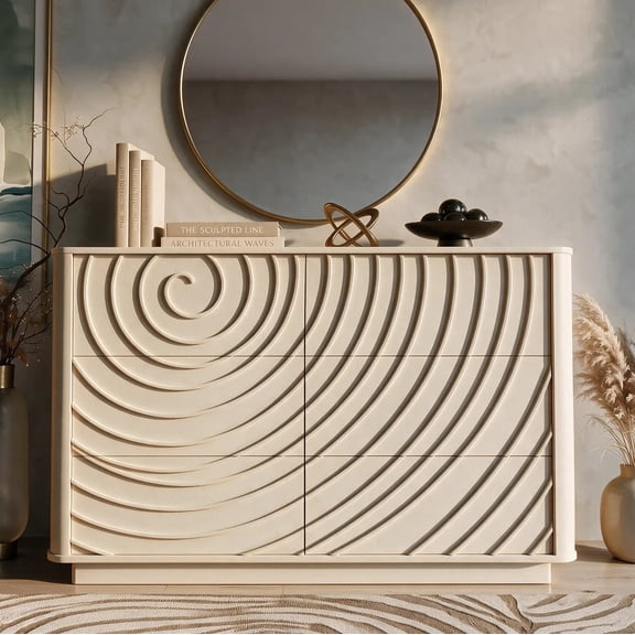 Aukfa 6 Drawer Dresser with 3D Wave Front Design, Modern Wood Double Dresser, Wide Chest of Drawers with Anti-Tip Kit for Bedroom,Off White