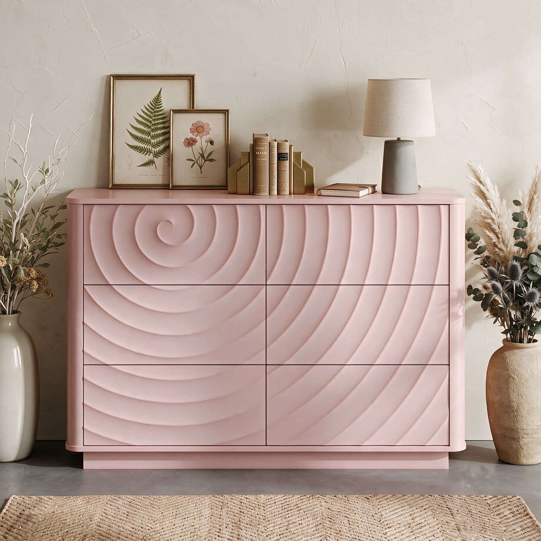 Aukfa 6 Drawer Dresser with 3D Wave Front Design, Modern Wood Double Dresser, Wide Chest of Drawers with Anti-Tip Kit for Bedroom,Pink