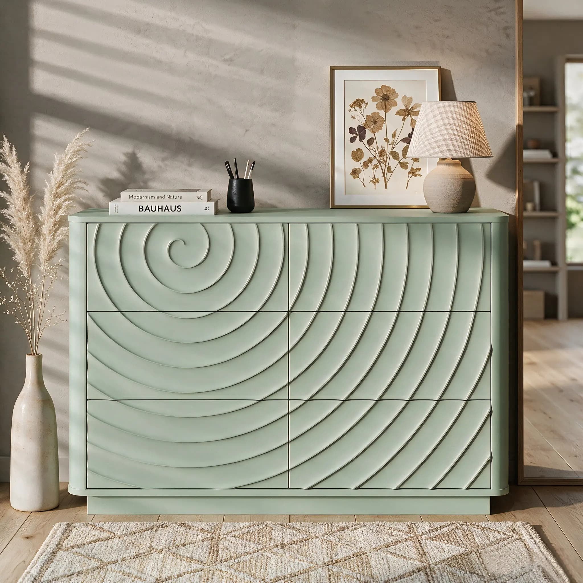 Aukfa 6 Drawer Dresser with 3D Wave Front Design, Modern Wood Double Dresser, Wide Chest of Drawers with Anti-Tip Kit for Bedroom,Sage Green