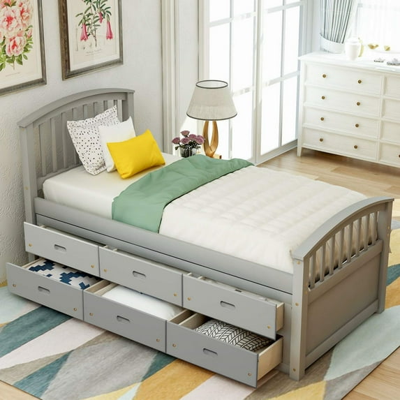 Aukfa 6 Drawers Platform Storage Bed, Solid Wood Captain Bed, Twin Size - Gray