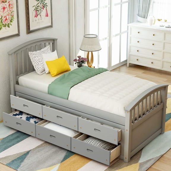 Aukfa 6 Drawers Platform Storage Bed, Solid Wood Captain Bed, Twin Size - Gray