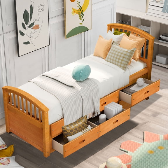 Aukfa 6 Drawers Platform Storage Bed, Solid Wood Captain Bed, Twin Size - Oak
