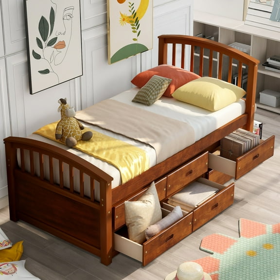 Aukfa 6 Drawers Platform Storage Bed, Solid Wood Captain Bed, Twin Size - Walnut