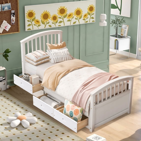 Aukfa 6 Drawers Platform Storage Bed, Solid Wood Captain Bed, Twin Size - White