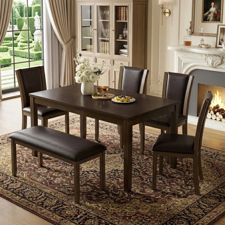 Aukfa 6 Pcs Farmhouse Extendable Dining Table Set,Rubberwood Kitchen Table with Bench & 4 Chairsfor Dining Room,Dark Walnut
