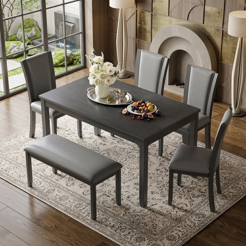 Aukfa 6 Pcs Farmhouse Extendable Dining Table Set,Rubberwood Kitchen Table with Bench & 4 Chairsfor Dining Room,Gray