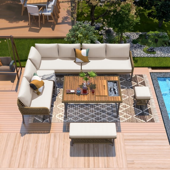 Aukfa 6-Piece Outdoor Furniture Set, Rope Weave Patio Conversation Set w/ Wood Table & Icebox, Beige
