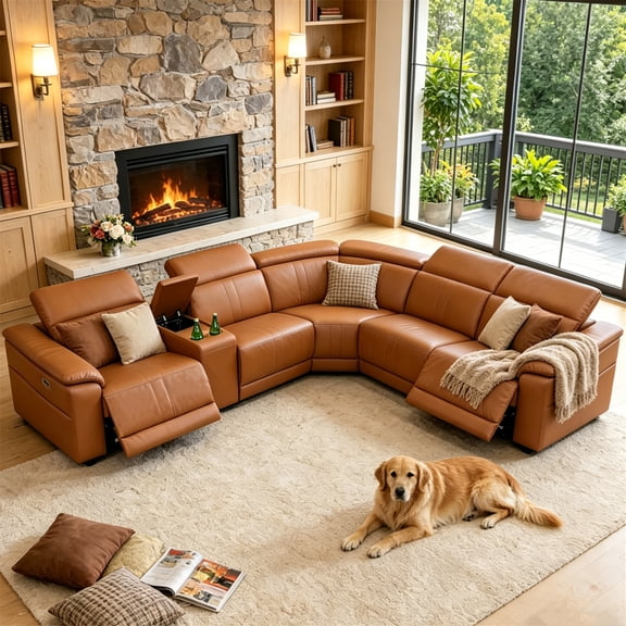 Aukfa 6-Piece Power Recliner Sofa Set Sectional Couch with Cup Holders& USB Port Storage Console, Breathing Leather, Light Brown