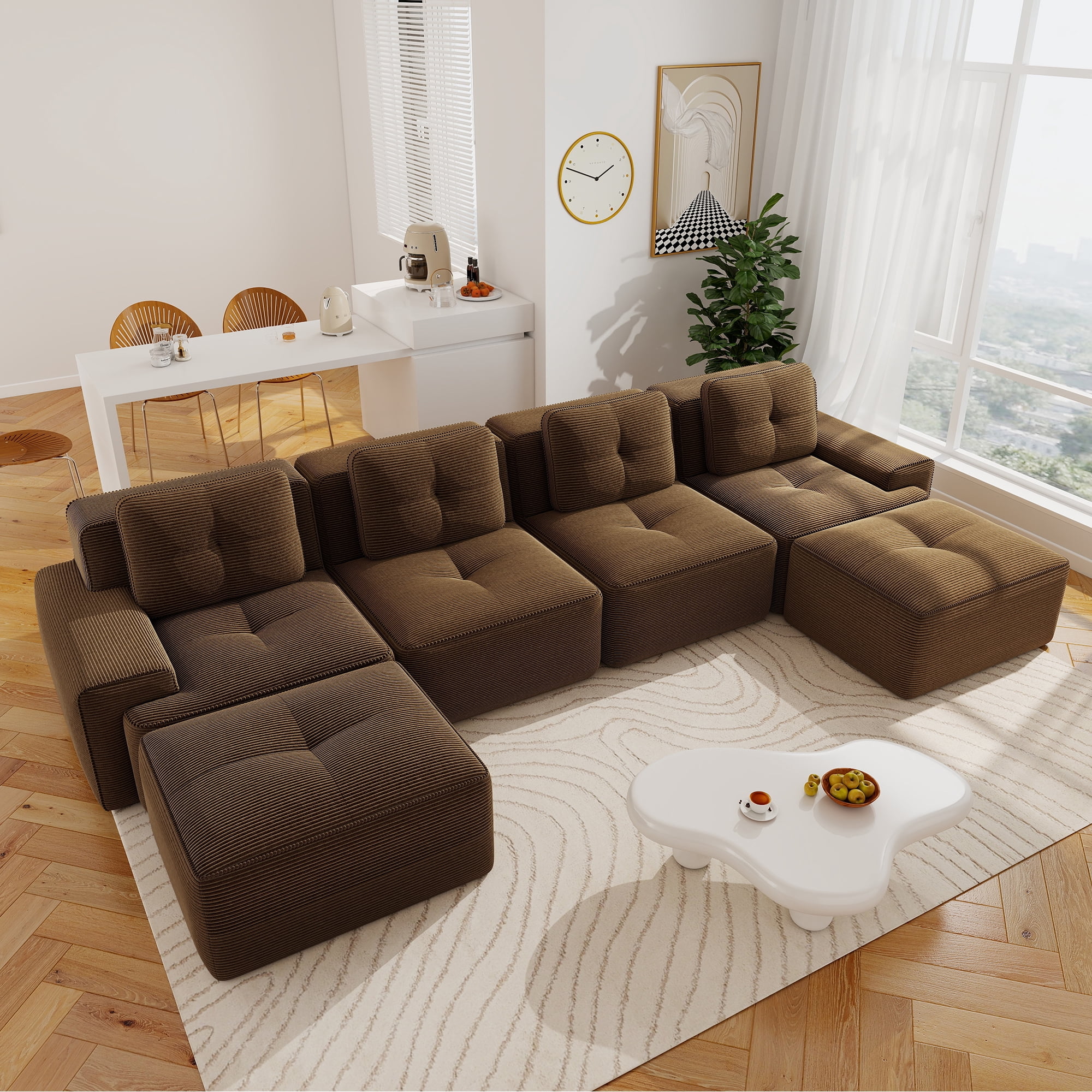Aukfa 6-Piece Tufted Modular Corduroy Sectional Sofa with 2 Ottomans for Living Room, 128.5-in Wide Sofa Seat, Brown