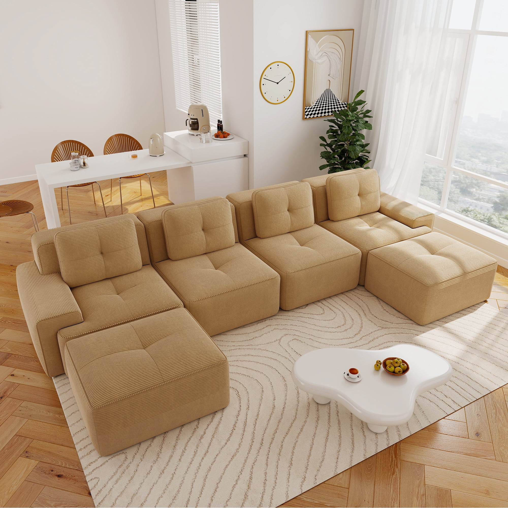 Aukfa 6-Piece Tufted Modular Corduroy Sectional Sofa with 2 Ottomans for Living Room, 128.5-in Wide Sofa Seat, Camel