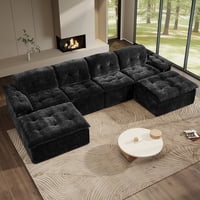Aukfa 6-Piece U-Shaped Modular Sectional Sofa with 2 Ottomans (Black)
