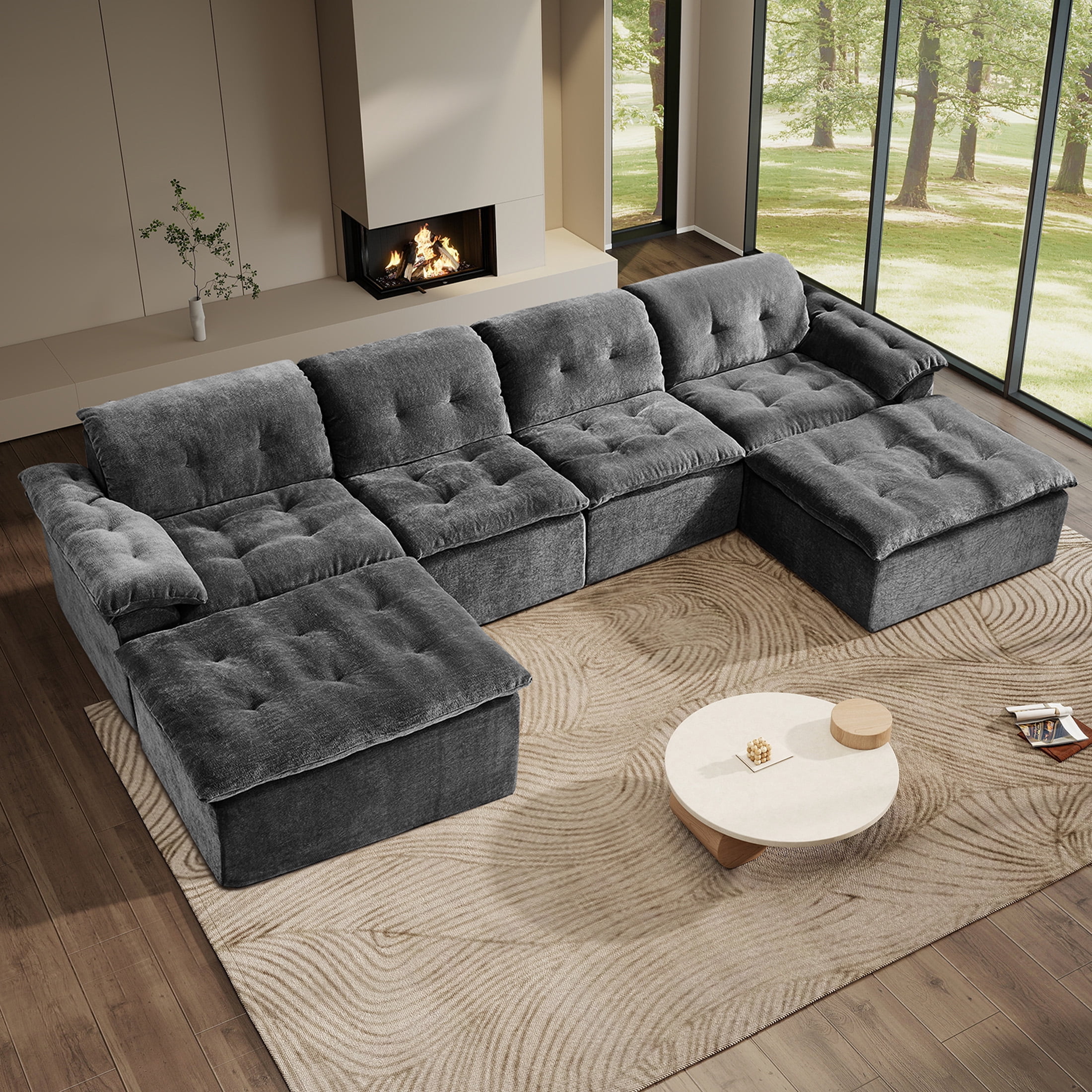 Aukfa 6-Piece U-Shaped Modular Sectional Sofa with 2 Ottomans for Living Room, Ice Flower Chenille, Gray
