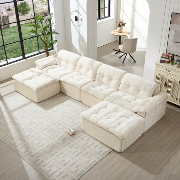 Aukfa 6-Piece U-Shaped Modular Sectional Sofa with 2 Ottomans for Living Room, Ice Flower Chenille, White