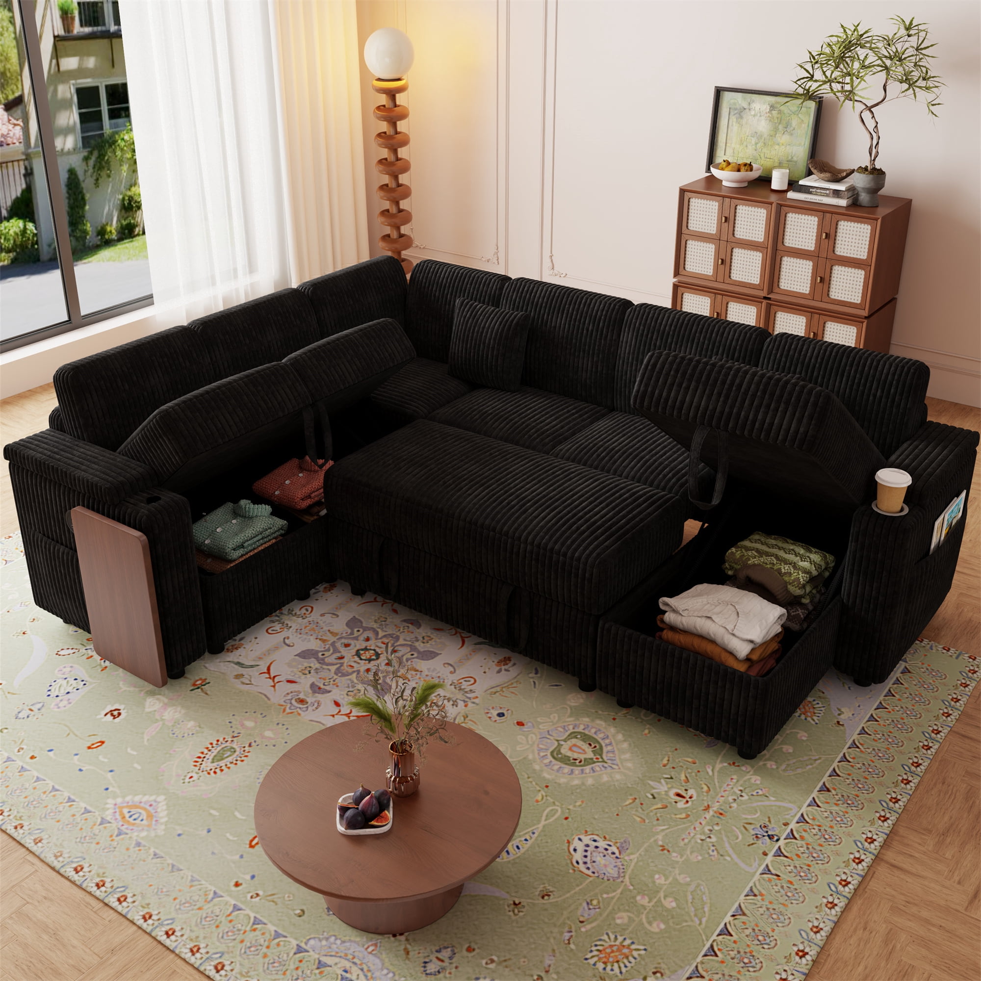 Aukfa 6 Seat L shape Sectional Couch Convertible Sofa Bed with USB &Cupholder Arm Storage Console, Floating Desktop, 4 Pillows, Corduroy, Black