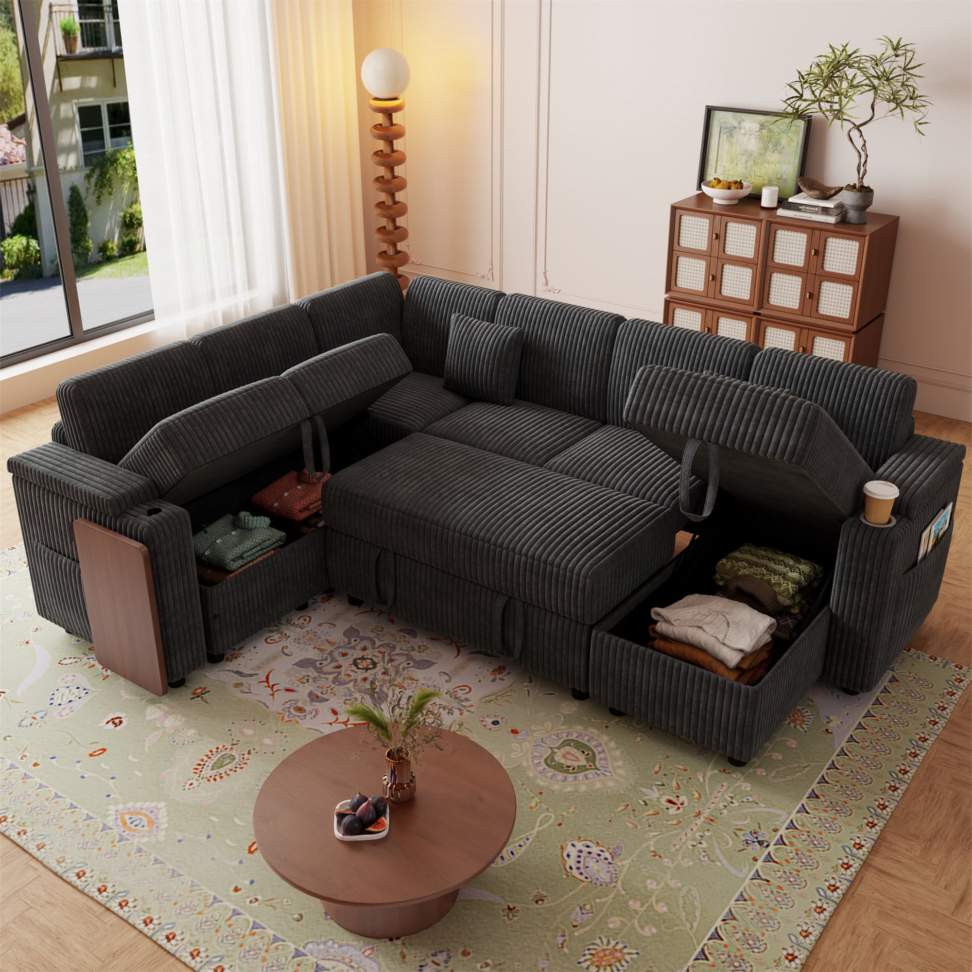 Aukfa 6 Seat L shape Sectional Couch Convertible Sofa Bed with USB &Cupholder Arm Storage Console, Floating Desktop, 4 Pillows, Corduroy, Dark Gray