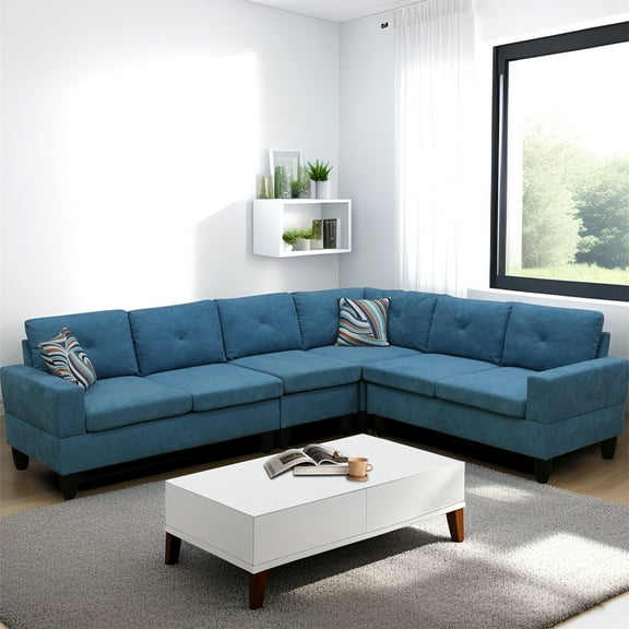 Aukfa 6-Seater L Shaped Sectional Sofa Modular Couch for Living Room, 2 Pillows, Flannel, Blue