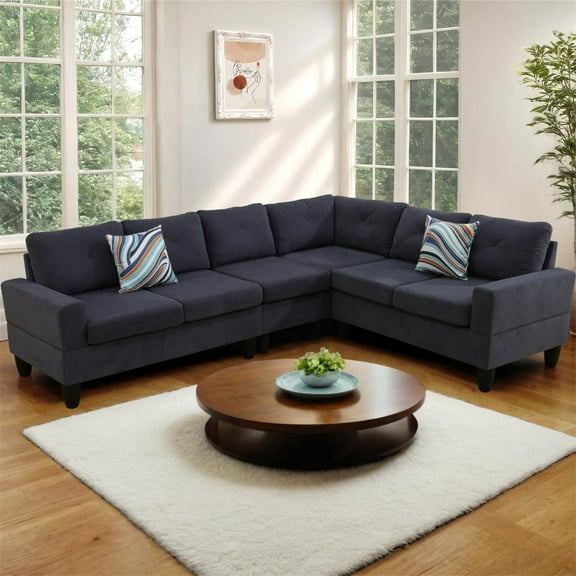 Aukfa 6-Seater L Shaped Sectional Sofa Modular Couch for Living Room, 2Pillows, Flannel, Dark Gray