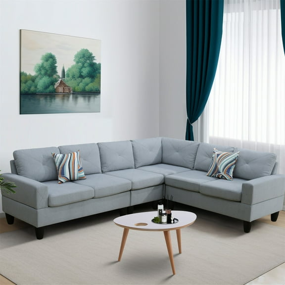 Aukfa 6-Seater L Shaped Sectional Sofa Modular Couch for Living Room, 2Pillows, Flannel, Light Gray