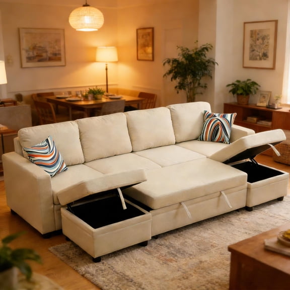 Aukfa 6-Seater Sectional Sofa Modular Couch with Storage Seat&Pull Out Bed for Living Room, Linen, Beige