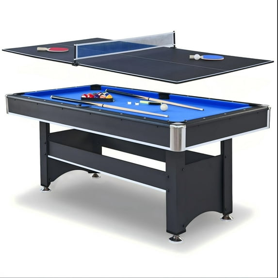 Aukfa 6 ft Pool Table, 2 in 1 Billiard Table with Ping Pong Table - Includes Billiard Balls, Cues, Paddles, Brush & More, Blue