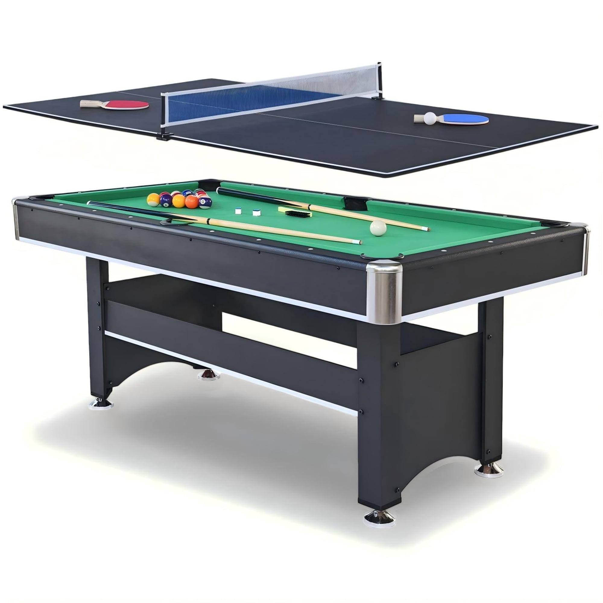 Aukfa 6 ft Pool Table, 2 in 1 Billiard Table with Ping Pong Table - Includes Billiard Balls, Cues, Paddles, Brush & More, Green