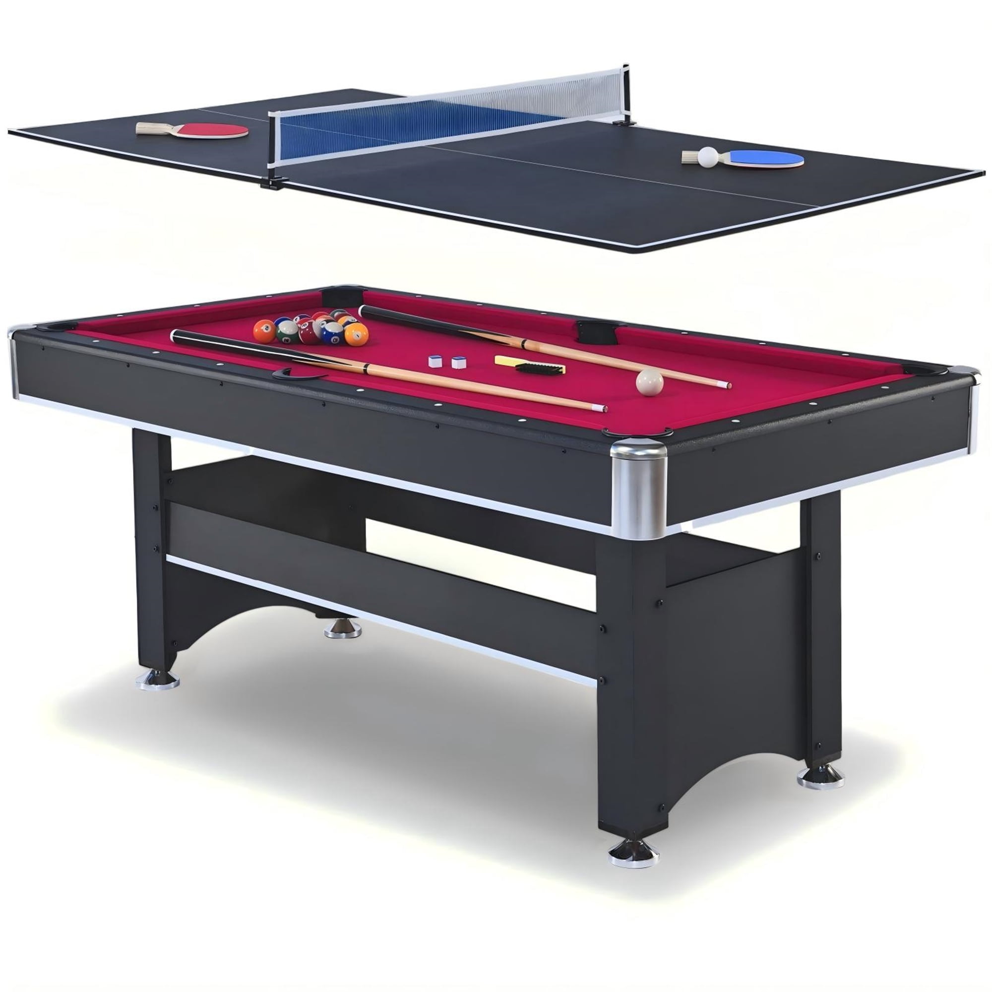 Aukfa 6 ft Pool Table, 2 in 1 Billiard Table with Ping Pong Table - Includes Billiard Balls, Cues, Paddles, Brush & More, Red